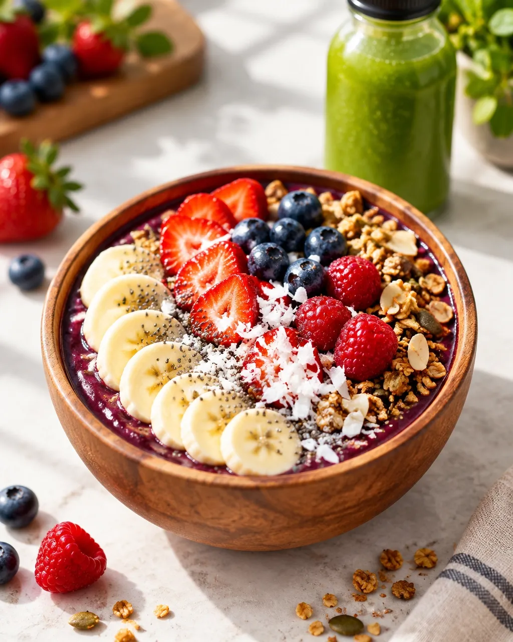 Açaí bowl topped with berries, banana and granola
