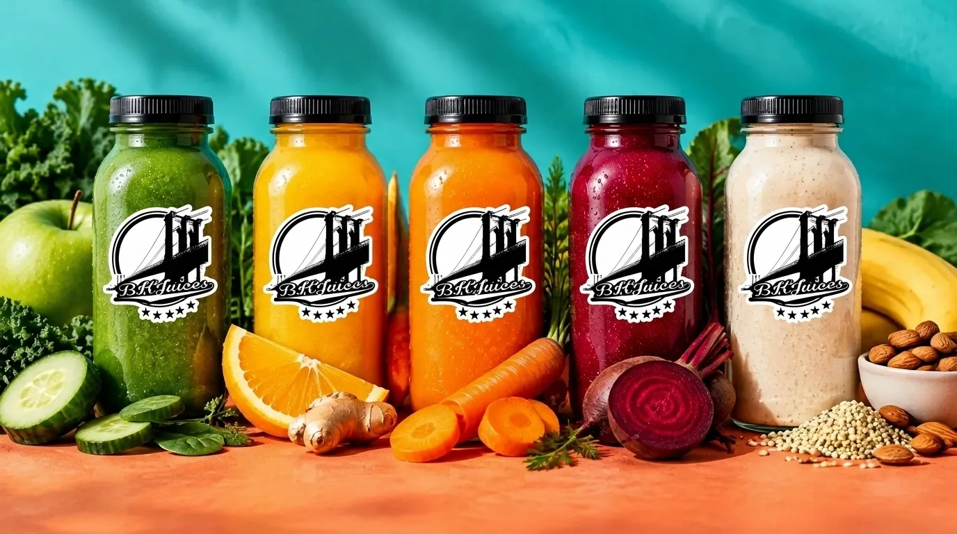 Five colorful fresh juice and smoothie bottles, each bearing the BK Juices bridge logo, with fresh produce