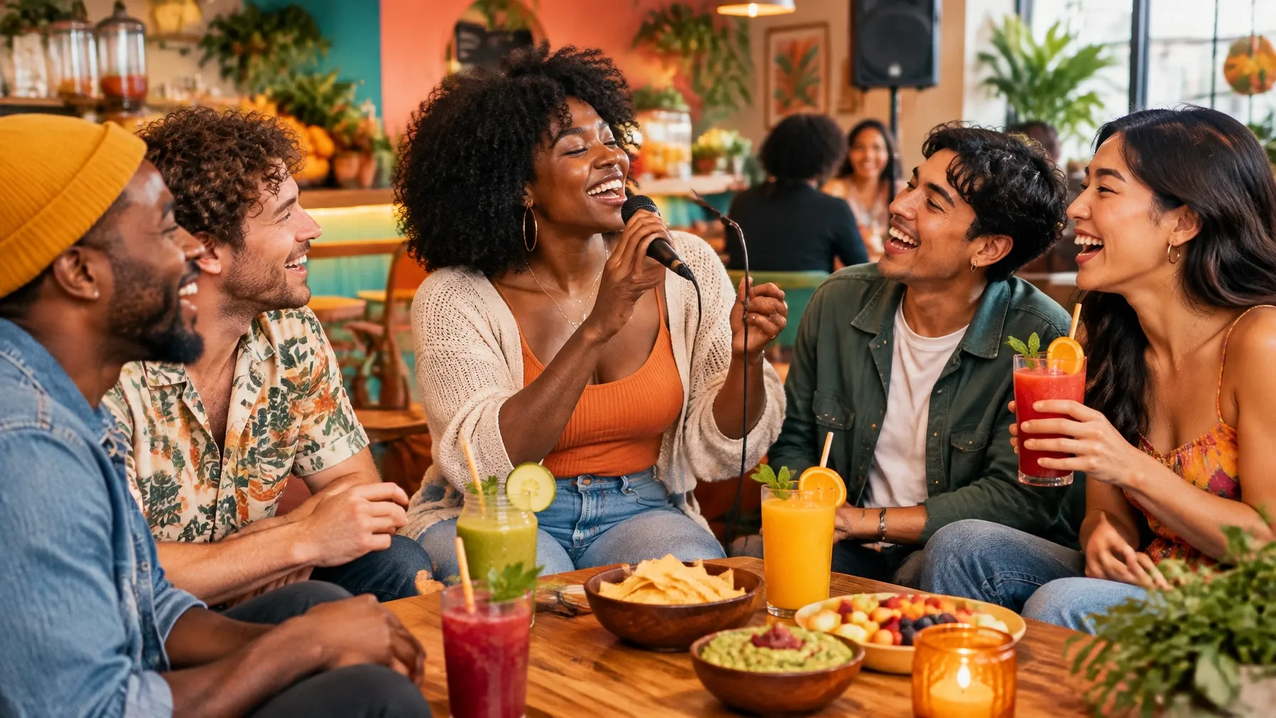Friends singing karaoke and sharing colorful drinks at a community night