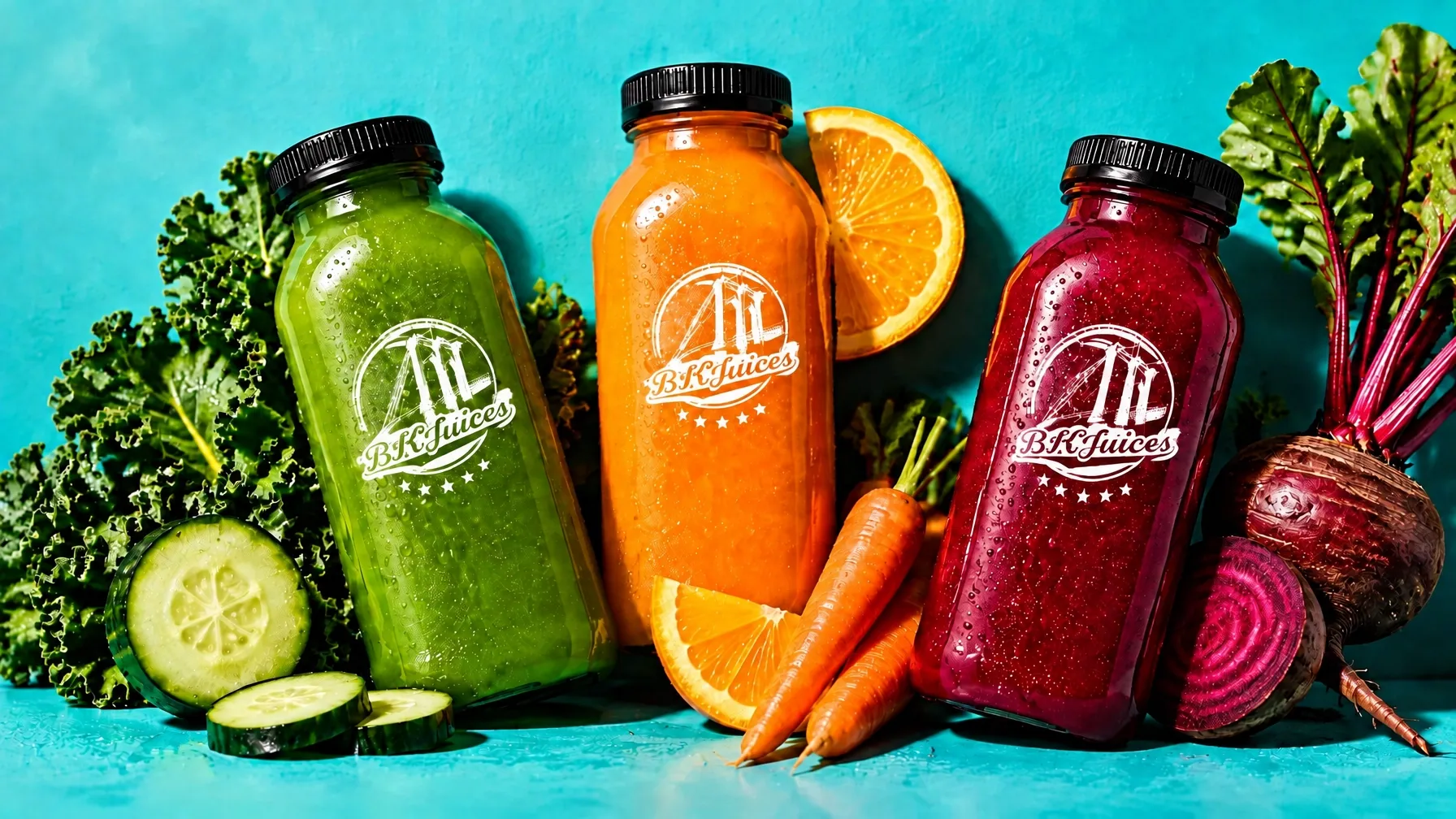 Colorful bottles of green, orange and beet juice with fresh produce