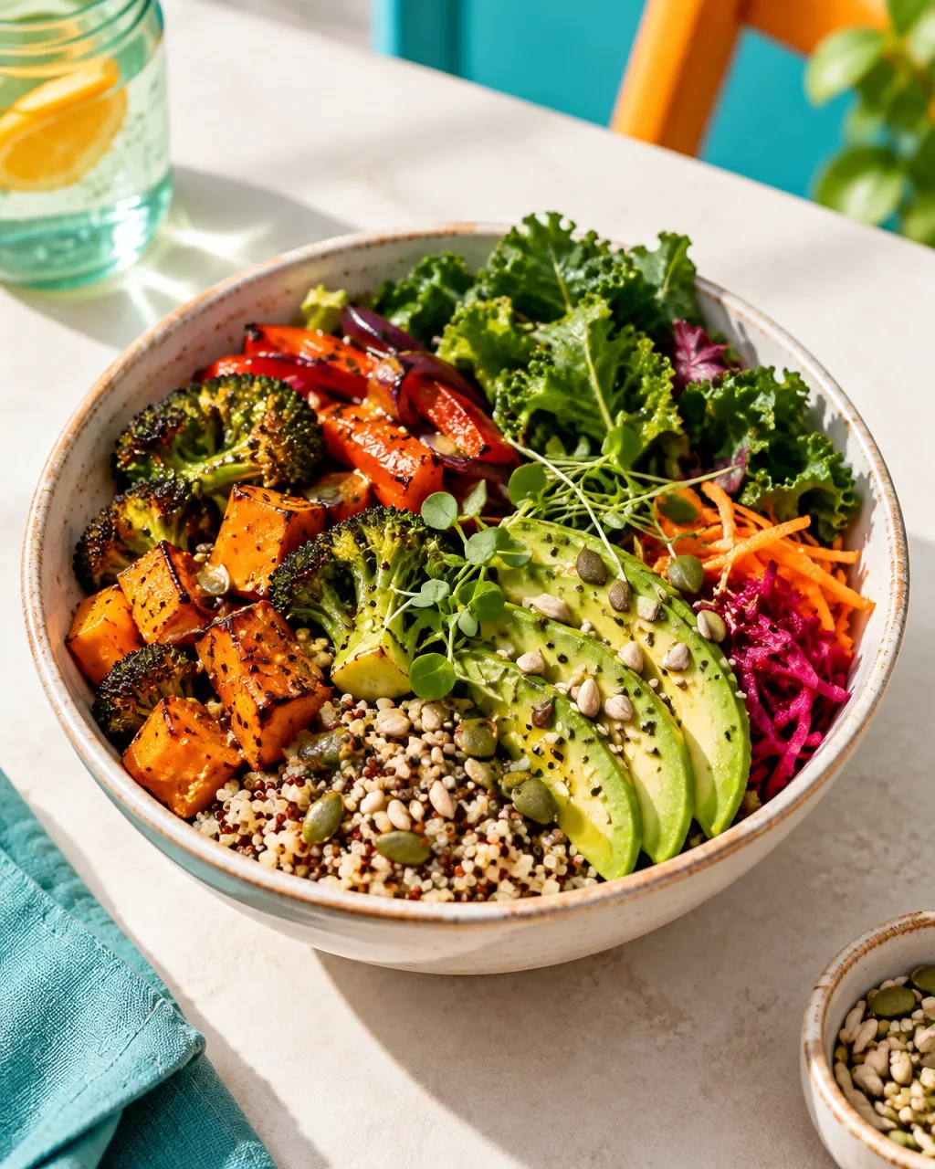 Colorful power bowl with vegetables, grains and avocado