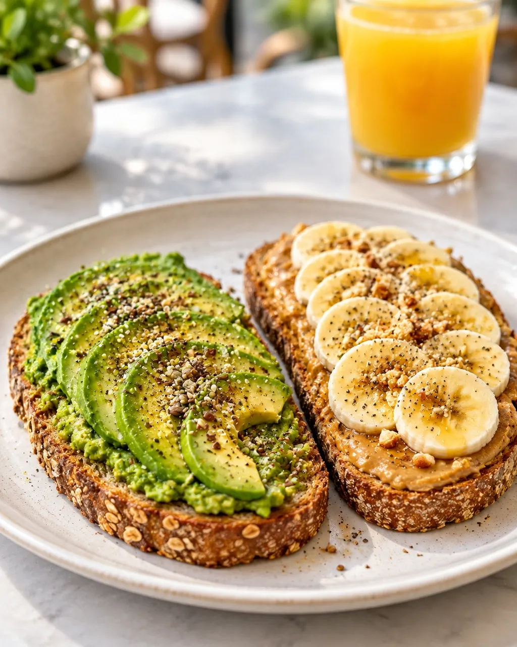 Peanut butter and banana toast on seeded bread